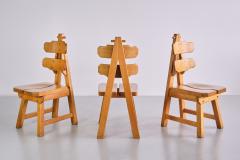 Sculptural Set of Six Brutalist Dining Chairs in Solid Oak France 1960s - 3322304