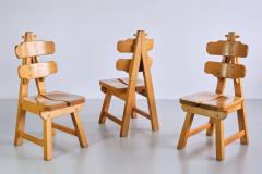 Sculptural Set of Six Brutalist Dining Chairs in Solid Oak France 1960s - 3322305