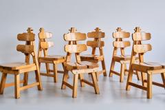Sculptural Set of Six Brutalist Dining Chairs in Solid Oak France 1960s - 3322306