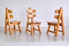 Sculptural Set of Six Brutalist Dining Chairs in Solid Oak France 1960s - 3322313