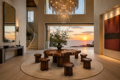 Sculptural Table with Six Matching Stools in Reclaimed Wood - 4736765