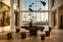Sculptural Table with Six Matching Stools in Reclaimed Wood - 4736770