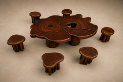 Sculptural Table with Six Matching Stools in Reclaimed Wood - 4736771