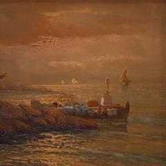 Seascape painting signed by Remo Testa fishermen at sunset - 4136201
