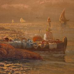 Seascape painting signed by Remo Testa fishermen at sunset - 4136203