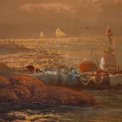 Seascape painting signed by Remo Testa fishermen at sunset - 4136204