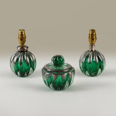 Seguso Vetri d Arte Pair of 1950s Italian green and silver Murano glass bullicante ball lamps - 4615766