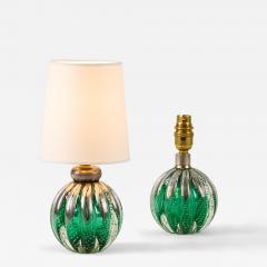 Seguso Vetri d Arte Pair of 1950s Italian green and silver Murano glass bullicante ball lamps - 4616091