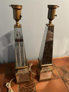 Serge Roche MODERNE OBELISK MIRRORED LAMPS WITH ORIGINAL GOLD EGLOMAISE FINISH SHADES - 2893874