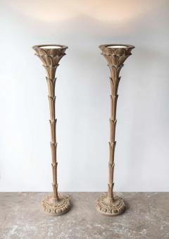 Serge Roche Torchiere Floor Lamps after Serge Roche Hand Carved Limed Oak Palm Trees 1940s - 2414151