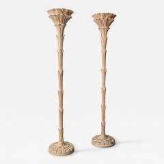 Serge Roche Torchiere Floor Lamps after Serge Roche Hand Carved Limed Oak Palm Trees 1940s - 2417043