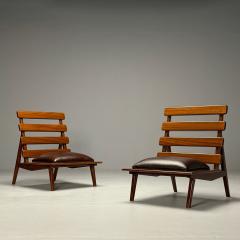 Sergio Rodrigues Brazilian Mid Century Modern Sculptural Lounge Chairs Mahogany Leather - 3855320