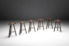 Sergio Rodrigues Brutalist Tripod Bar Stools in Spanish Oak Spain 1970s - 3662169