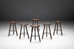 Sergio Rodrigues Brutalist Tripod Bar Stools in Spanish Oak Spain 1970s - 3662170