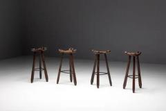 Sergio Rodrigues Brutalist Tripod Bar Stools in Spanish Oak Spain 1970s - 3662227