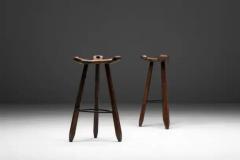 Sergio Rodrigues Brutalist Tripod Bar Stools in Spanish Oak Spain 1970s - 3662231