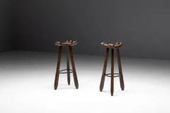 Sergio Rodrigues Brutalist Tripod Bar Stools in Spanish Oak Spain 1970s - 3662235