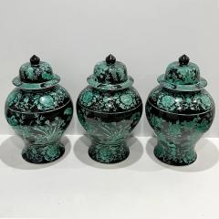 Set 3 Mid 20th Century Chinese Export Black Green Tall Baluster Jars with Cover - 3974908