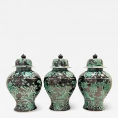 Set 3 Mid 20th Century Chinese Export Black Green Tall Baluster Jars with Cover - 3976585