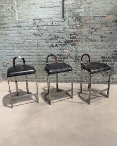 Set 3 Pierre Cardin Chrome and Leather Bar Counter Stools Italy 1970 - 3515983