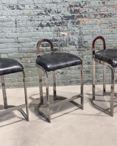 Set 3 Pierre Cardin Chrome and Leather Bar Counter Stools Italy 1970 - 3515985