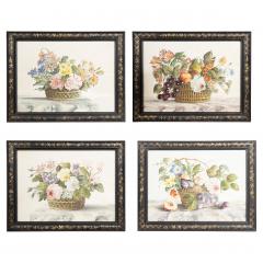Set Of Four Framed Watercolor Still Lifes Of Flowers and Fruit In Baskets - 4158224