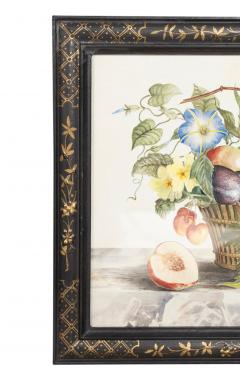 Set Of Four Framed Watercolor Still Lifes Of Flowers and Fruit In Baskets - 4158285