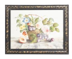 Set Of Four Framed Watercolor Still Lifes Of Flowers and Fruit In Baskets - 4158300