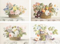 Set Of Four Framed Watercolor Still Lifes Of Flowers and Fruit In Baskets - 4158565