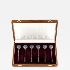 Set Of Six Cloisonne Enamel Silver Teaspoons In A Presentation Case  - 4823957