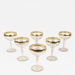 Set Of Six Engraved Murano Champagne Coupe Glasses With Gold Rim IT ca 1940 - 3867092