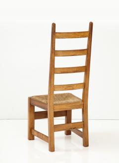 Set Six French High Back Oak Rush Rustic Modern Chairs c 1950 signed - 3105989