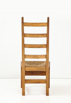 Set Six French High Back Oak Rush Rustic Modern Chairs c 1950 signed - 3105991