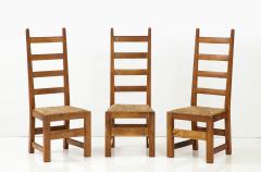 Set Six French High Back Oak Rush Rustic Modern Chairs c 1950 signed - 3106002