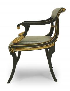 Set of 12 English Regency Green Damask Arm Chairs - 1402394