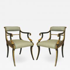 Set of 12 English Regency Green Damask Arm Chairs - 1407810