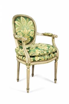 Set of 12 Louis XVI Style Painted Green Damask Upholstered Dining Chairs - 2798229