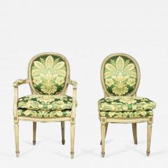 Set of 12 Louis XVI Style Painted Green Damask Upholstered Dining Chairs - 2798647