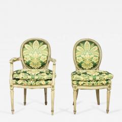 Set of 12 Louis XVI Style Painted Green Damask Upholstered Dining Chairs - 2798647