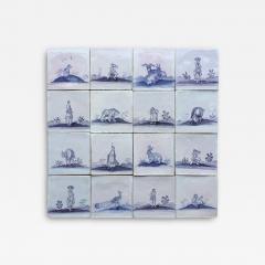 Set of 16 Blue and White Delft Tiles with Animals and Figures 18th Century - 4789963