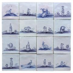 Set of 16 Blue and White Delft Tiles with Animals and Figures 18th Century - 4789972