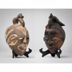 Set of 2 African Cameroon 20th Century Carved Wooden Bamileke Mask with Hornbill - 4690164