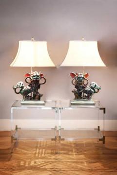 Set of 2 Chinese Glazed Stoneware Buddhist Lions Lamp on brass base - 3347507