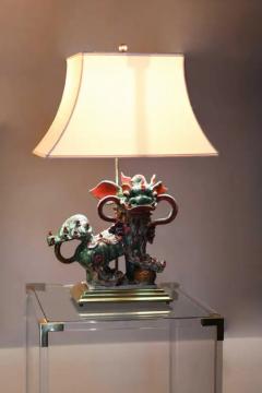 Set of 2 Chinese Glazed Stoneware Buddhist Lions Lamp on brass base - 3347512