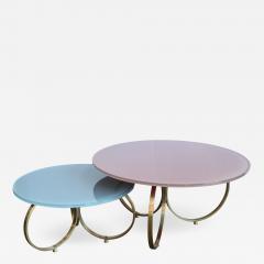 Set of 2 Custom Brass Coffee Tables with Reverse Painted Glass Top - 524632