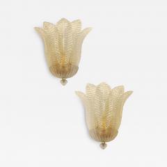 Set of 2 Venetian Transparent Graniglia Leaf Murano Glass Wall Sconces - 4306107