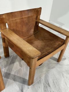 Set of 2 Vintage Italian Wood and Leather Safari Chairs 1970s - 3572901
