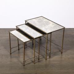 Set of 3 Art Deco Gilt Bronze Rope Form Nesting Tables W Antiqued Mirror Glass - 4377050