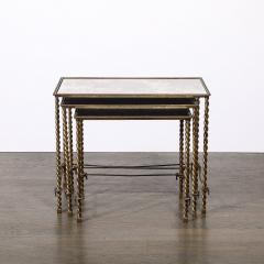 Set of 3 Art Deco Gilt Bronze Rope Form Nesting Tables W Antiqued Mirror Glass - 4377051