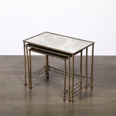 Set of 3 Art Deco Gilt Bronze Rope Form Nesting Tables W Antiqued Mirror Glass - 4377052